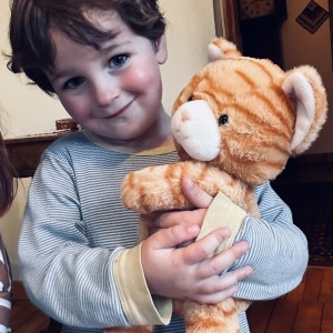 “It was a pleasant surprise to receive the cuddly cat. This is my great-grandson Charlie with the toy, which has now settled into their new home in Bordeaux.” - Isobyl la Croix