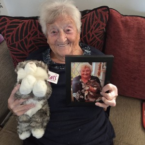 Phyllis Adams, Fast Entry cuddly cat winner - “Phyllis Adams, age 97, won a beautiful cuddly cat in your raffle. She lost her cat Oscar 18 months ago. When she opened her prize, she was very emotional and happy as the cat reminds her so much of Oscar.”